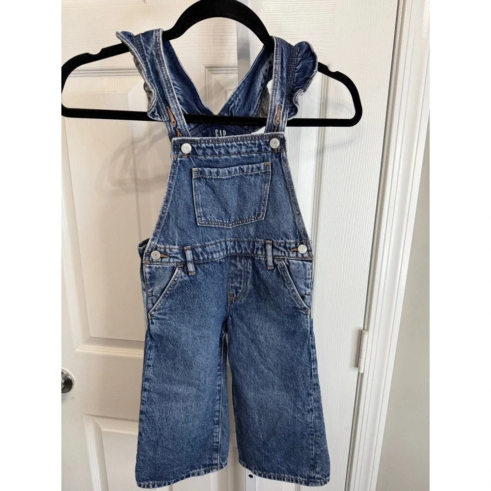 Gap Denim Girls Blue Jean Overalls Size 4 Wide Leg Adjustable Ruffled Straps